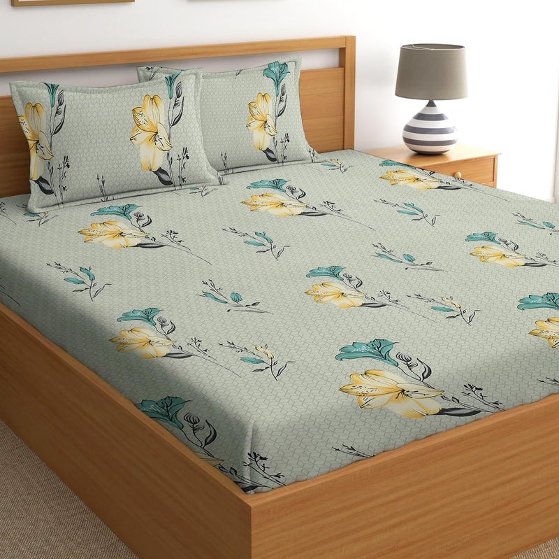 STARNSTYLE 100% Cotton Super Soft 240 Thread Count Elastic Fitted King Size Bedsheet with 2 Pillow Covers - Grey Yellow - Image 2